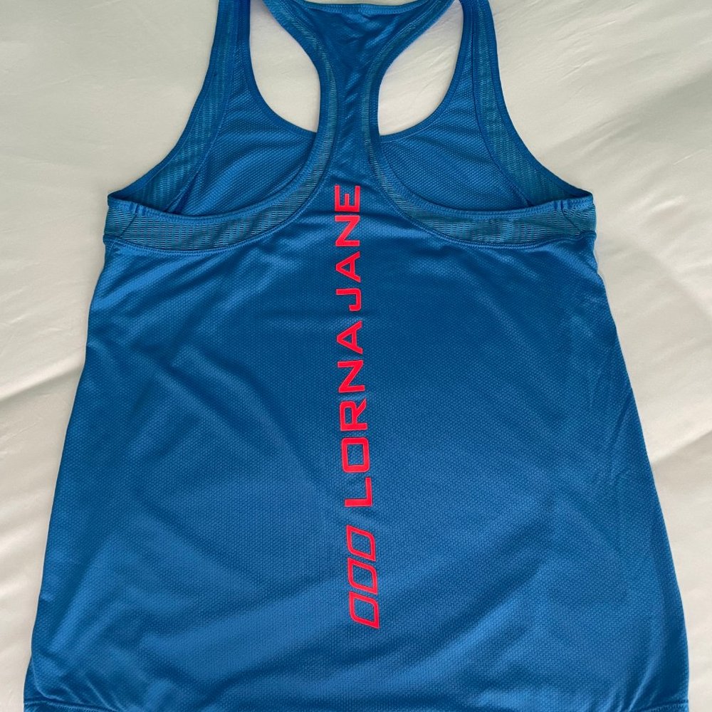 Lorna Jane Blue Racerback Tank w/ Vibrant Pink Logo